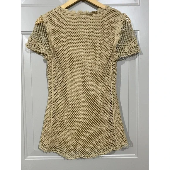 V Cristina Crochet Knit Top Women Size Medium Tan Good Boho Lace Tie Front V107 - Picture 5 of 6